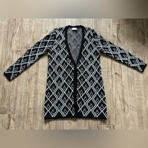 Wool blend Kaffe Black and White Diamond Pattern single button Cardigan classic